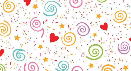Naklejka premium Colorful party background with swirls stars hearts and confetti for birthday celebration design vector