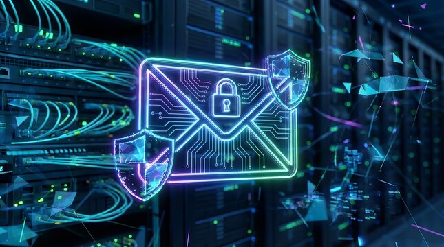 Futuristic secure email icon with circuitry patterns, digital shield elements, representing advanced encrypted communication systemFuturistic secure email icon with circuitry patterns, digital shield 