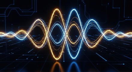Dynamic wave patterns shimmering with interconnected lines symbolize digital connectivity and