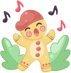 Cute singing gingerbread character with music notes
