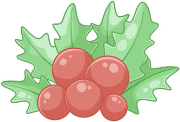 Cartoon holly berry cluster with glossy green leaves