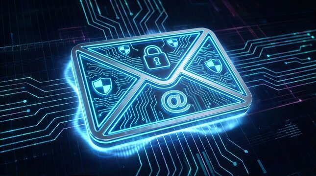 Futuristic secure email icon with circuitry patterns, digital shield elements, representing advanced encrypted communication system