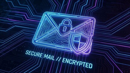 Futuristic secure email icon with circuitry patterns, digital shield elements, representing advanced encrypted communication system