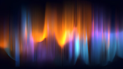 Glass ripple texture with dark gradient background and vivid orange, blue, and lilac light streaks. Futuristic distortion, moody abstract glow, reeded vertical blur. Vector illustration Stock Vector