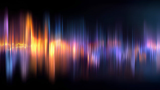 Glass ripple texture with dark gradient background and vivid orange, blue, and lilac light streaks. Futuristic distortion, moody abstract glow, reeded vertical blur. Vector illustration Stock Vector