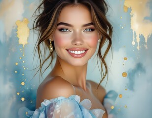 Elegant Woman with Updo Hairstyle and Gold Earrings Against Soft Watercolor Background