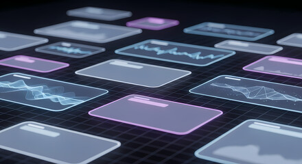 Abstract digital tablets showcasing data visualizations and futuristic user interfaces against a dark background, representing technology and innovation.