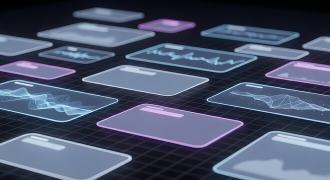 Abstract digital tablets showcasing data visualizations and futuristic user interfaces against a dark background, representing technology and innovation.