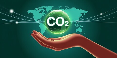 Digital Illustration of Hand Holding CO2 Globe with World Map Climate Change Concept