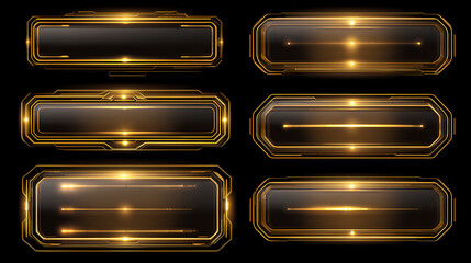 Gold glass button interface, light frame banner set, glass panel set for mobile and web app, tech board frame in futuristic style. Light banner collection with glow effect, vector illustration.