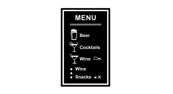 Menu board with beer, cocktails, wine and snacks icons on black background.