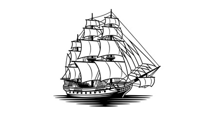 A detailed black and white illustration of a majestic tall ship sailing on the water.