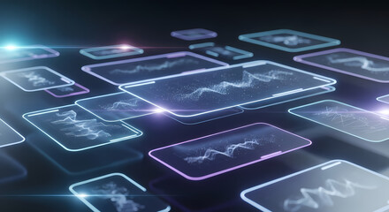 Futuristic digital screens displaying data analysis and financial graphs, showcasing technology and innovation on a dark background.