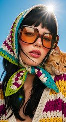 Portrait of a stylish woman in retro crochet headscarf and sunglasses posing with a ginger cat against a blue sky