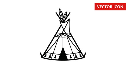 Black and white vector illustration of a Native American teepee with decorative details and feathers.