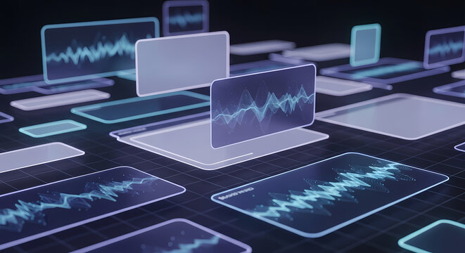 A futuristic digital landscape showcases data visualization through glowing screens displaying dynamic sound wave patterns in a modern, tech-driven setting.