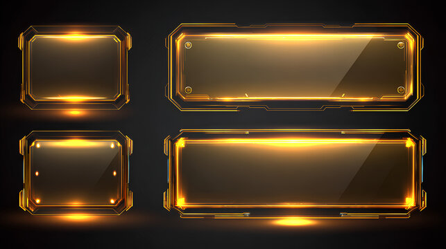 Gold glass button interface, light frame banner set, glass panel set for mobile and web app, tech board frame in futuristic style. Light banner collection with glow effect, vector illustration.