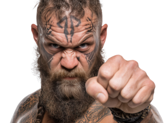 Fierce warrior posing with intense expression and tattooed features in studio setting