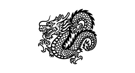 A detailed black and white illustration of a traditional Chinese dragon coiled and ready to strike.