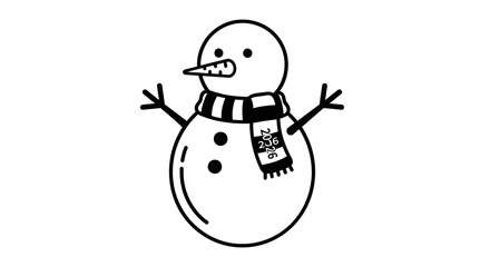 A simple black and white illustration of a snowman wearing a scarf and smiling.