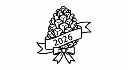 A black and white illustration of a pine cone with a banner displaying the year 2026 and a bow.