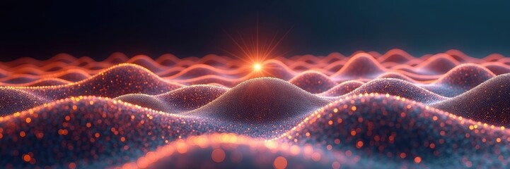 Dazzling abstract landscape of undulating forms and particles, illuminated by a central, radiant starburst of light, creating a sense of depth and cosmic wonder with vibrant hues and a dark,...