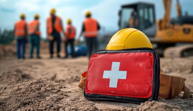 A construction site scene featuring a first aid kit and a hard hat in the foreground, with workers in safety vests blurred in the background.