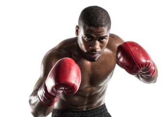 Boxer preparing for a match with red gloves in a training session at a gym