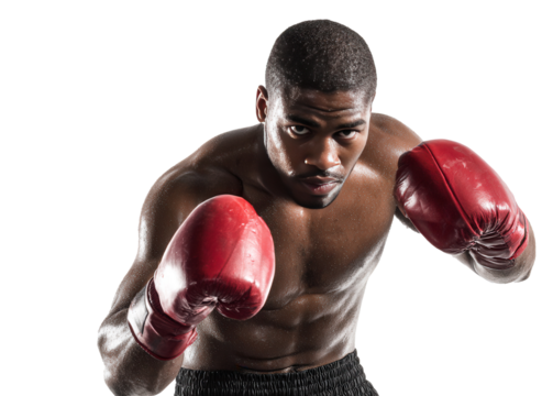 Boxer preparing for a match with red gloves in a training session at a gym