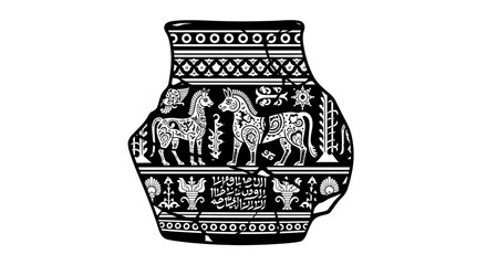 A stylized black and white line drawing of an ornate Egyptian scarab beetle.