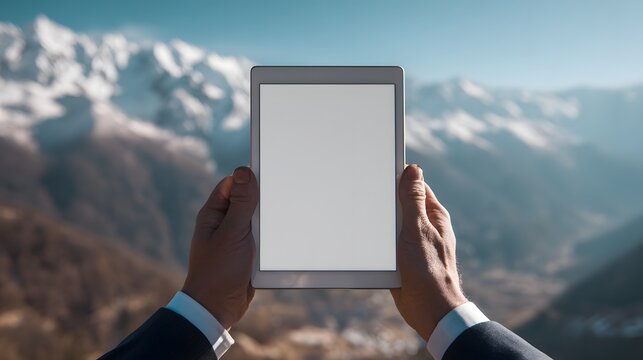 Hands holding digital tablet with blank white screen against snowy mountain landscape background, modern technology and travel innovation concept
