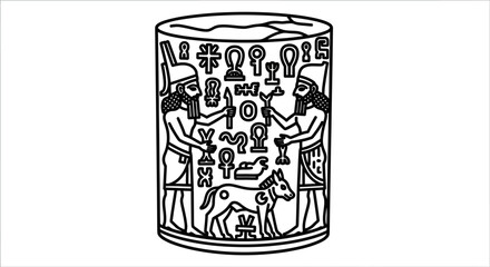 A stylized black and white line drawing of an ornate Egyptian scarab beetle.