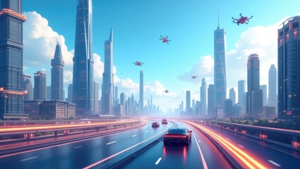 Futuristic cityscape showcasing a highway with blurred light trails, modern vehicles, and skyscrapers, set against a clear blue sky filled with what appears to be drones; the overall scene exudes a...