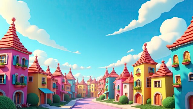 Charming cartoon illustration of a colorful town featuring vibrant buildings with red roofs, complemented by lush greenery and puffy white clouds against a bright blue sky, creating a joyful and...
