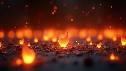 Glowing, fiery, flame-like objects illuminated against a dark backdrop with an out-of-focus array of orange-yellow light, creating a warm, mesmerizing, and abstract landscape.
