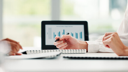 Hands, paperwork and business people in meeting for feedback, performance review and document. Report graphs, sales planning and manager with budgeting portfolio with tablet in financial office