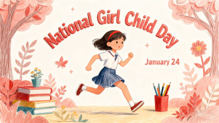 Running Girls and Books, representing the concept of girls' festivals, vibrant growth, and educational equality, suitable for campus public welfare activities and promotional materials for girls' righ