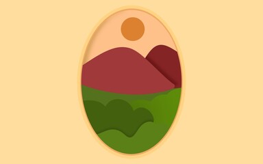 Flat Design Minimalist Landscape in Oval Frame with Sunset and Green Hills