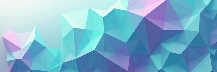 Abstract geometric illustration showcases a dynamic low poly composition featuring a gradient of vibrant blues, teals, and pinks, creating a sense of depth and three-dimensionality with a smooth,...