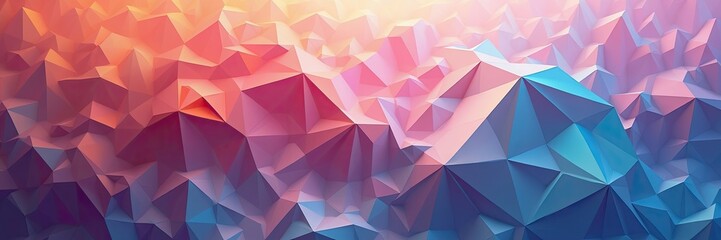 Geometric low poly abstract landscape, featuring textured, polygonal shapes with gradients of colors, including warm tones, pinks, blues, and purples, depicting a digital terrain.