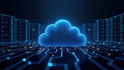 Digital representation of a cloud computing concept featuring a glowing, stylized cloud symbol floating above a circuit board, flanked by rows of server racks, illuminated with blue light, implying...