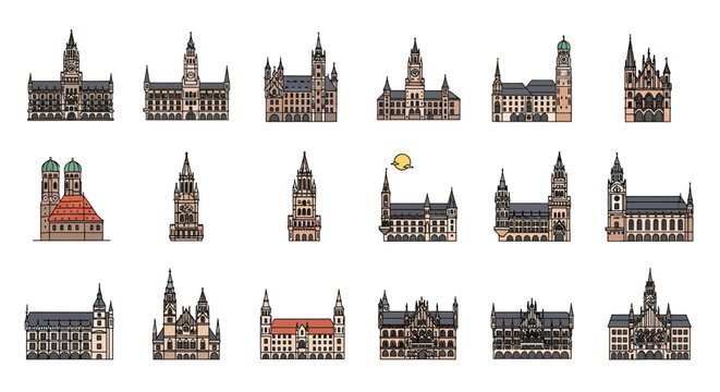 Pixel art collection of various buildings, showcasing architectural diversity and design in a retro style.