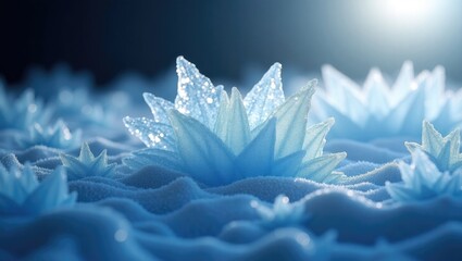 Detailed view showcases illuminated crystalline structures with light reflecting off the intricate ice formations and glowing translucent petals.