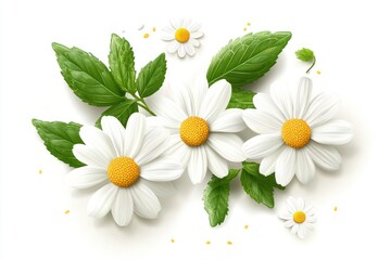 A vibrant garden filled with white daisies and green leaves, with a small white daisy in the foreground and a larger one in the background.