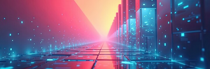 Futuristic perspective view of a glowing pathway with glowing towers and glowing rectangular tiles under a gradient background, with a vibrant color palette of teal and pink.