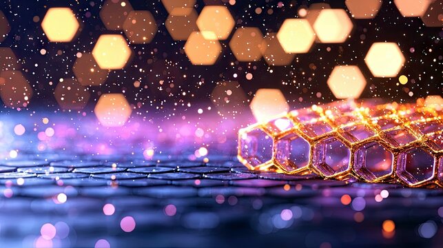 A close-up view of a golden and purple honeycomb structure with hexagonal cells, set against a dark background with glowing bokeh lights and shimmering particle - Powered by Adobe