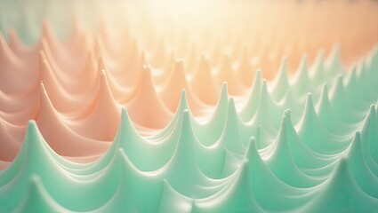 Abstract, three-dimensional rendering showcasing a repeating pattern of softly shaped forms in shades of pastel colors, transitioning from light green to a warm coral pink and a soft, radiant...