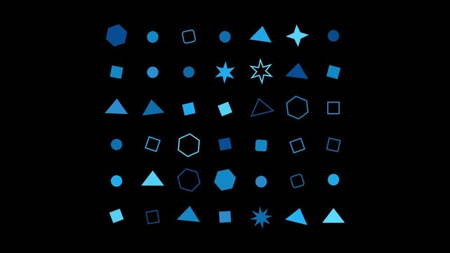 A mesmerizing array of geometric shapes in varying shades of blue, arranged against a stark black backdrop, creating a visually engaging pattern