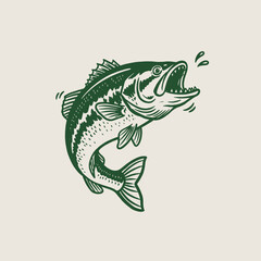 Jumping Bass Vintage Logo.Aggressive Fish Illustration.Largemouth Bass Mascot.Woodcut Style Fishing Art.Retro Angling Emblem