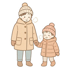 冬の外をアジア人親子が仲良く手をつないで歩くイラスト